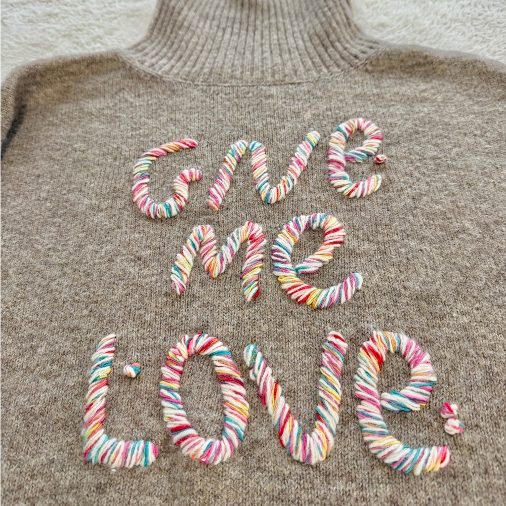 Listicle Boutique Sz L Alma Tan Turtleneck Sweater Rainbow Thread “Give Me Love”